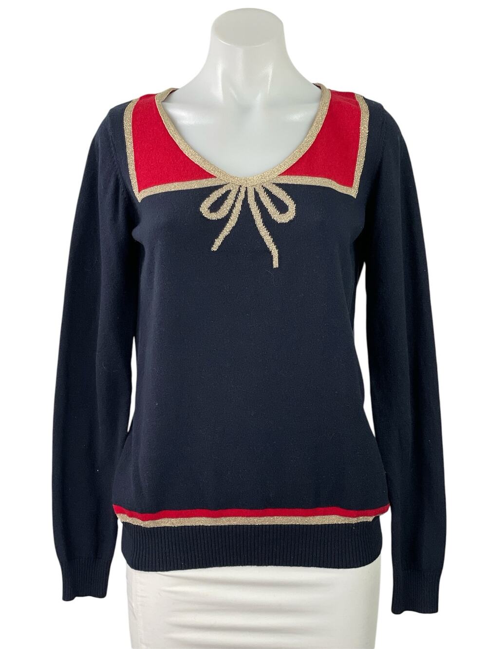 Anthropologie Karen Walker Hi There Navy Blue Tie Bow Long Sleeve Sweater Top M